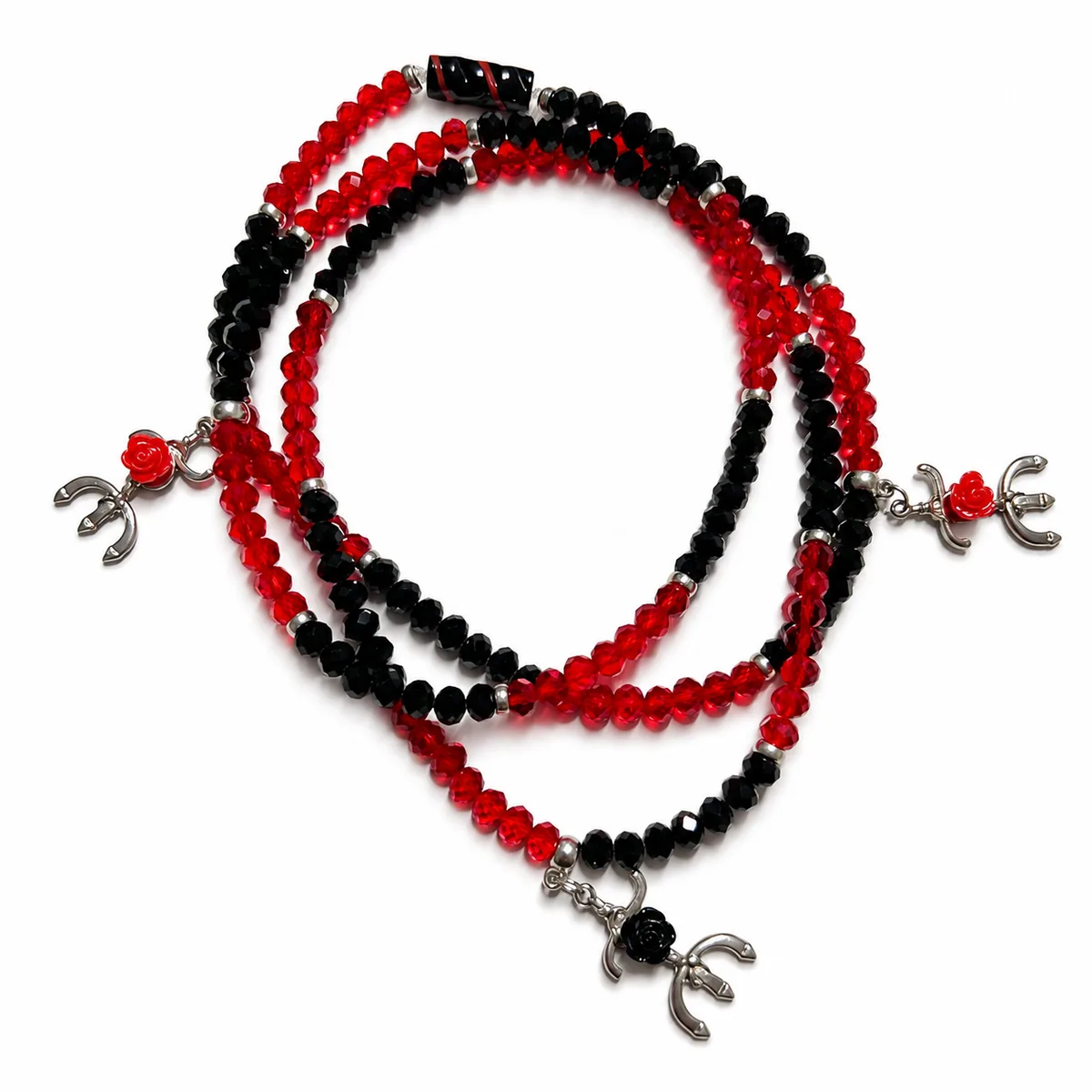 Guia de Cristal Vermelho e Preto com Pingentes e Firma Rajada