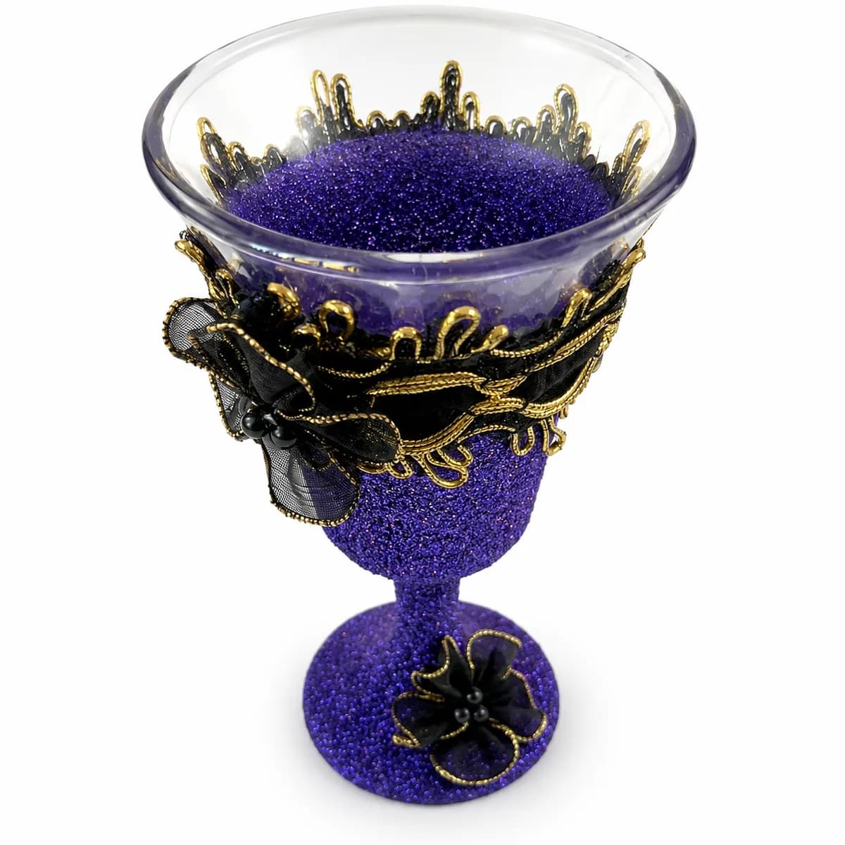 Taça Cálice Ornamentada Roxa com Laço Preto e Dourado com Rosa Pretas