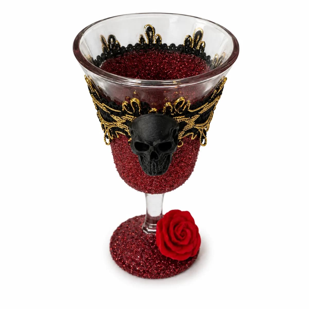 Taça Cálice Ornamentada Bordô com Laço Preto e Dourado com Caveira Preta e Rosa Vermelha
