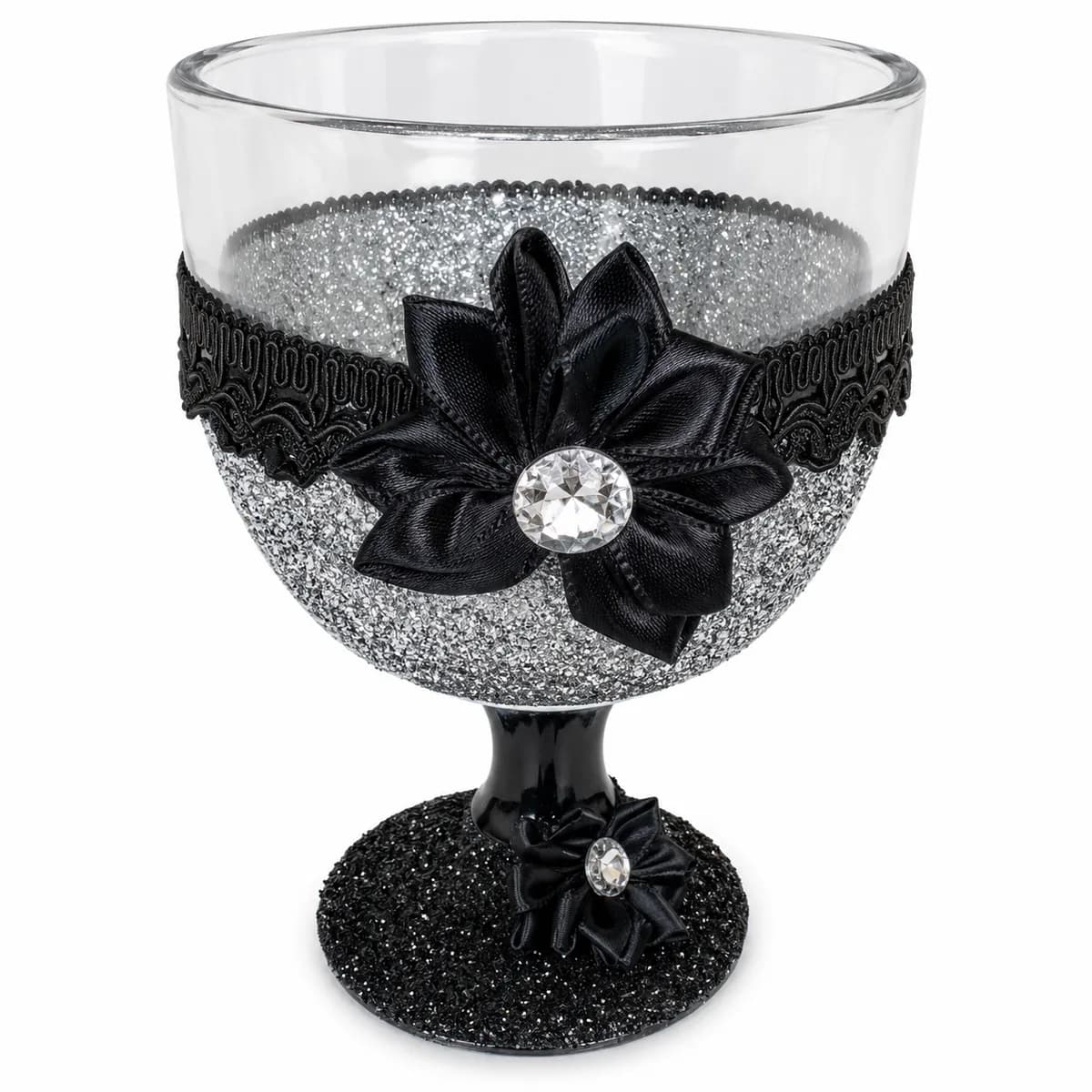 Taça Ornamentada Preta com Laço Preto com Rosas Pretas com Pedras