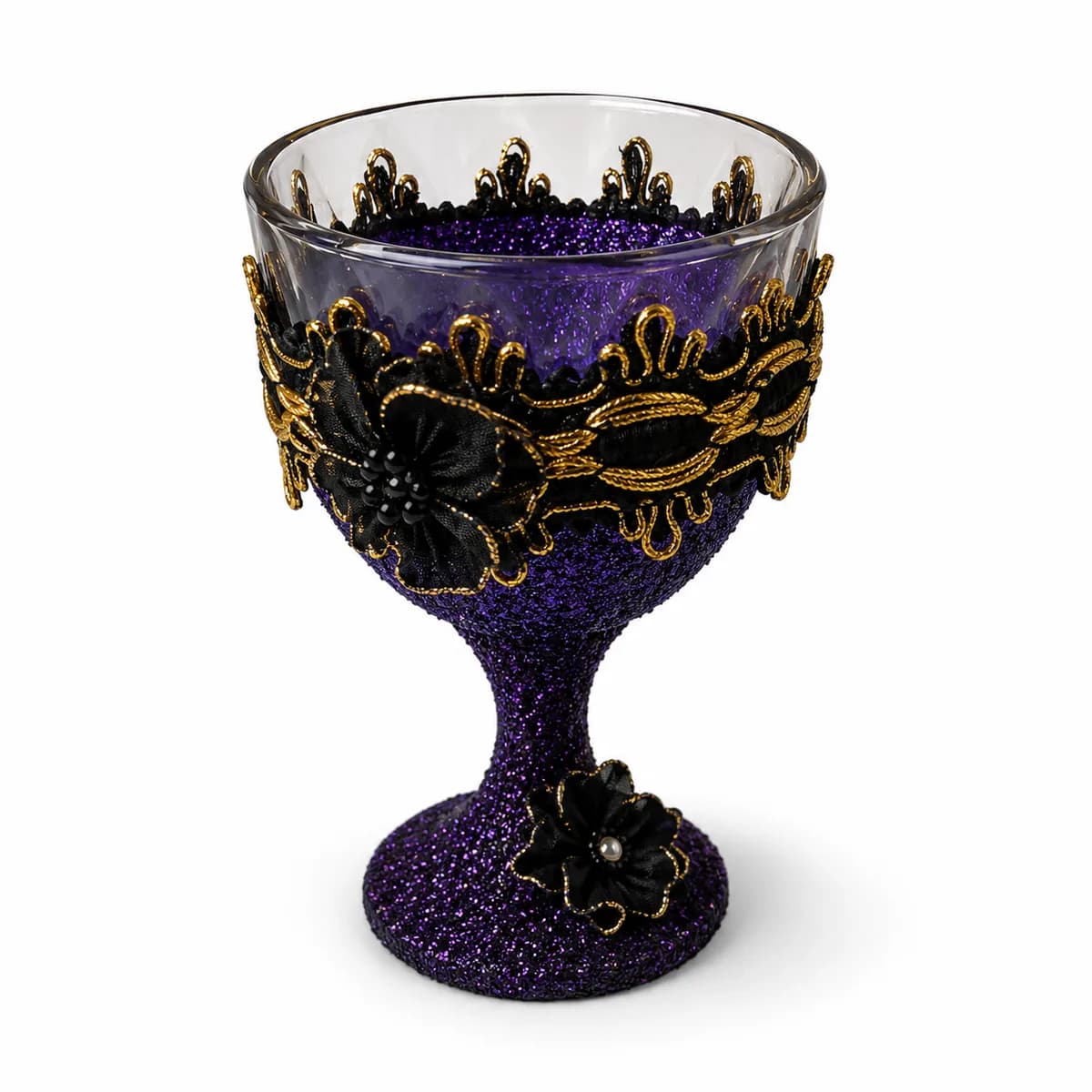 Taça Ornamentada Roxa com Fita Preta e Dourado e Rosas Pretas com Pedras