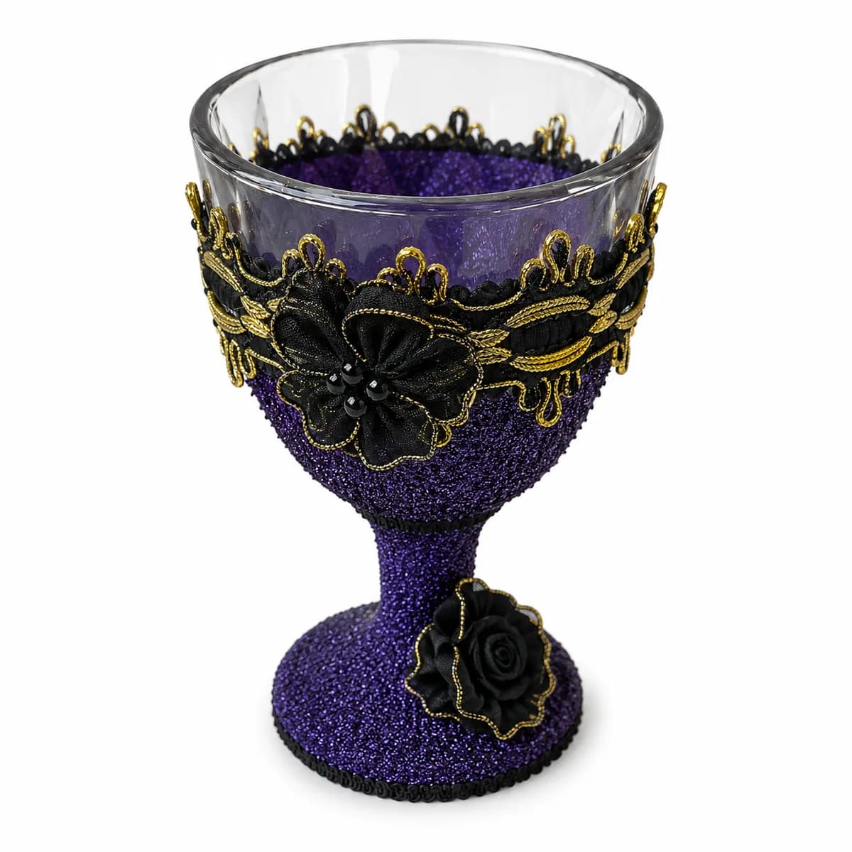 Taça Ornamentada Roxa com Fita Preta e Dourado e Rosas Pretas