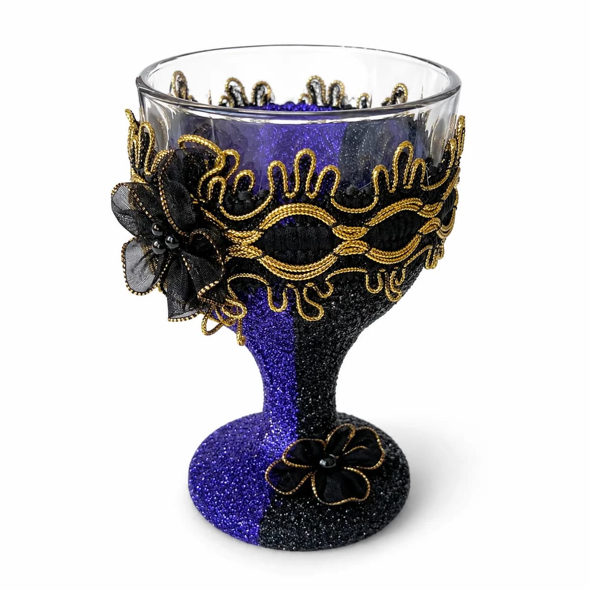 Taça Ornamentada Bicolor com Fita Preta e Dourado com Flores Pretas