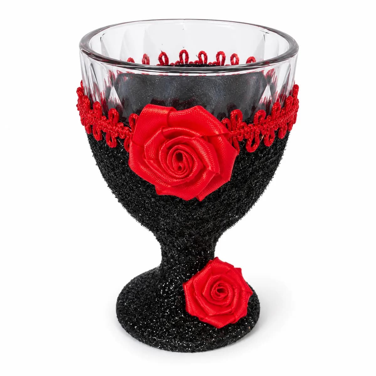Taça Ornamentada Preta com Laço Vermelho e Rosas Vermelhas