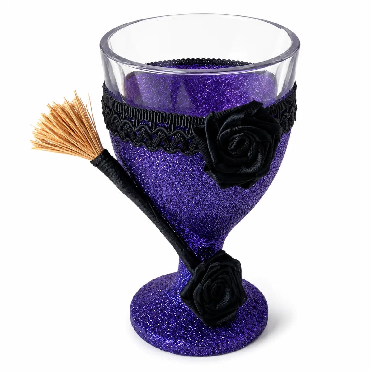 Taça Ornamentada Roxa com Fita Preta e Rosas Pretas e Vassoura de Bruxa Preta