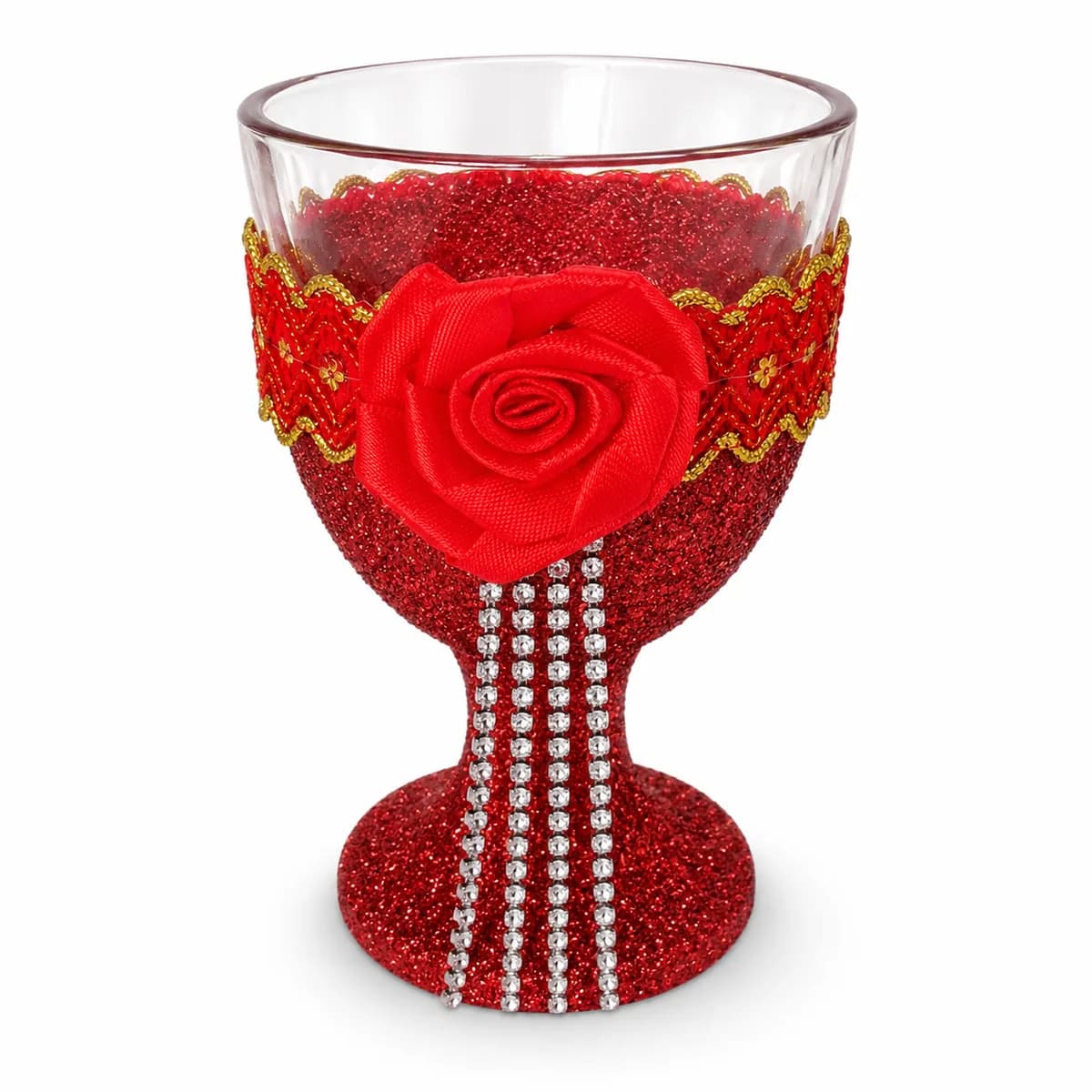 Taça Ornamentada Vermelha com Fita Vermelha e Rosa Vermelha com Strass
