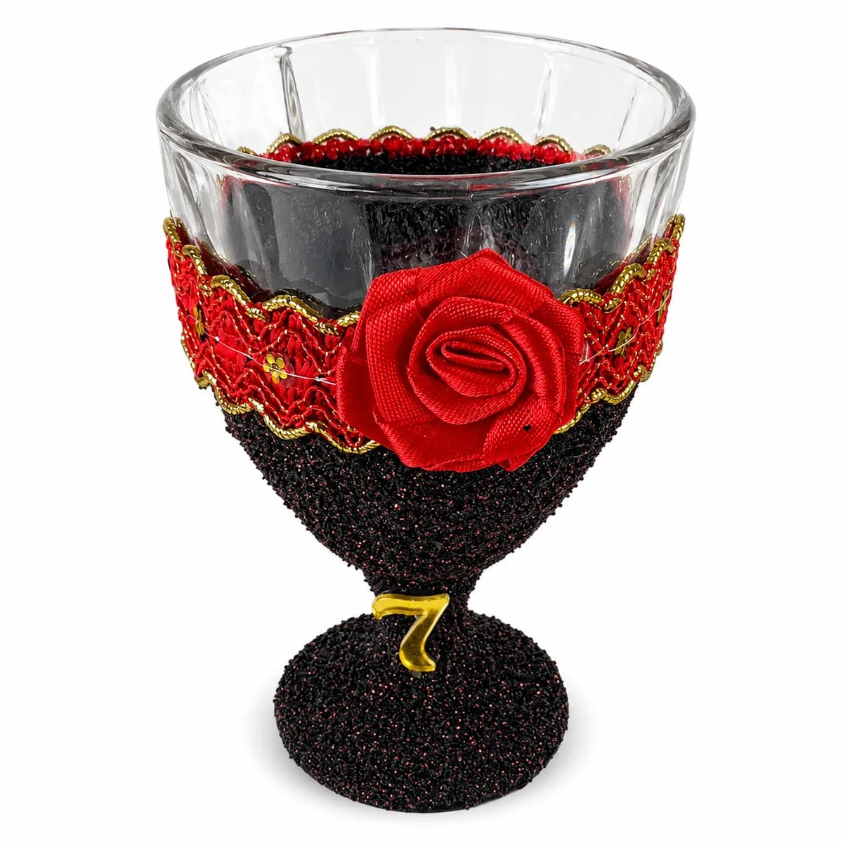 Taça Ornamentada Bicolor com Laço Vermelho e Dourado, Rosa Vermelha e Número Sete