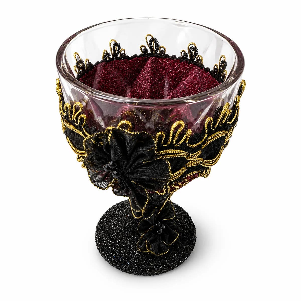 Taça Ornamentada Bicolor com Fita Preta e Dourado, Flores Pretas e Dourado