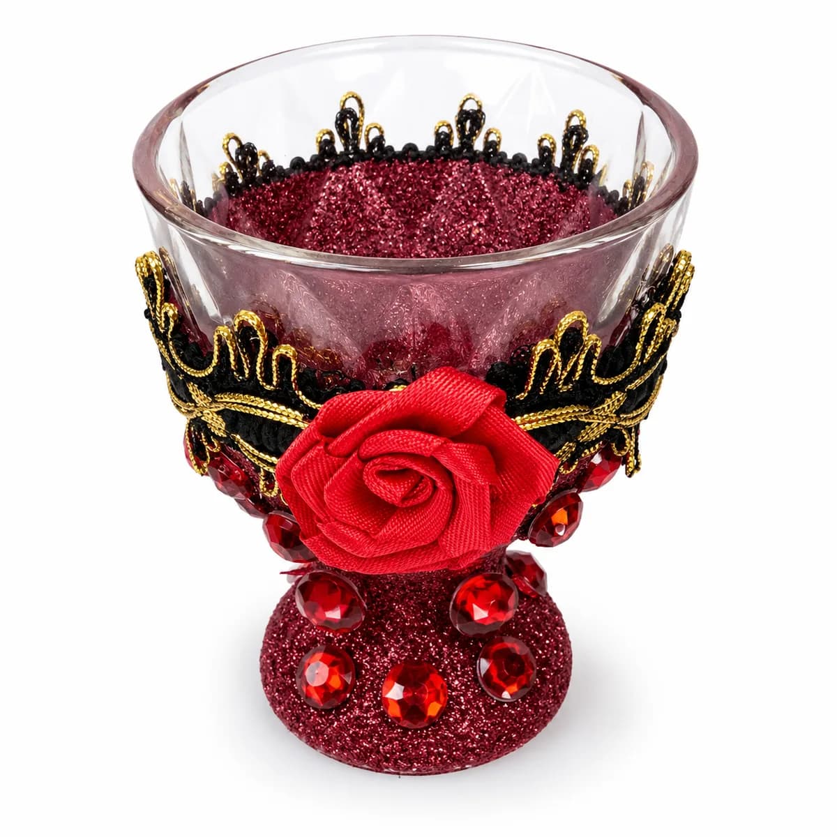 Taça Ornamentada Bordô com Fita Preta e Dourado, Rosa Vermelha e Pedras Vermelhas