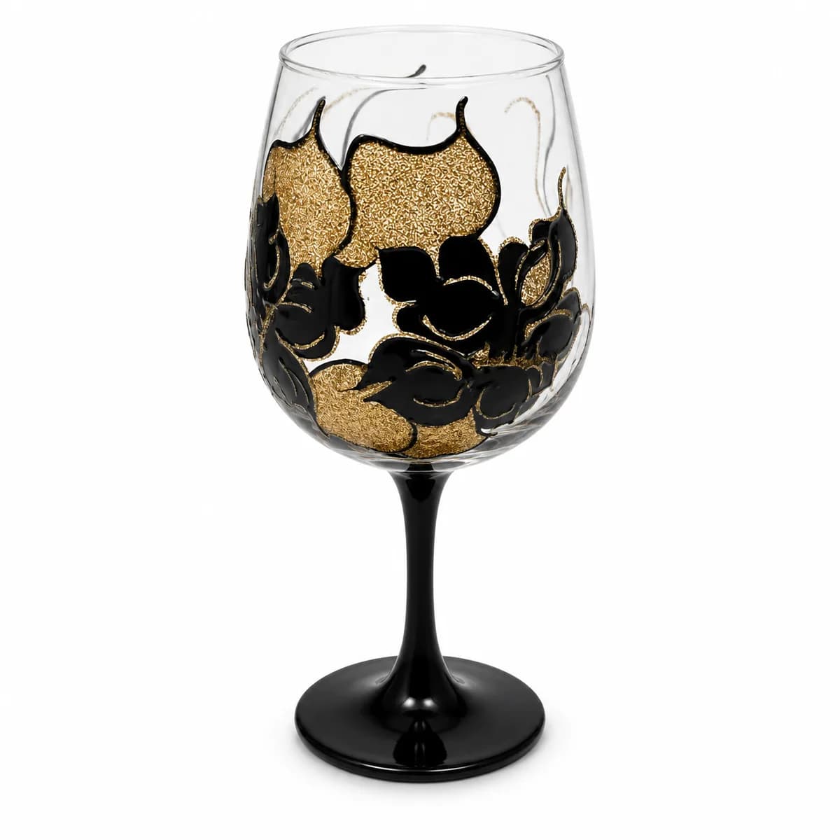 Taça Pintada Rosas Pretas e Dourado