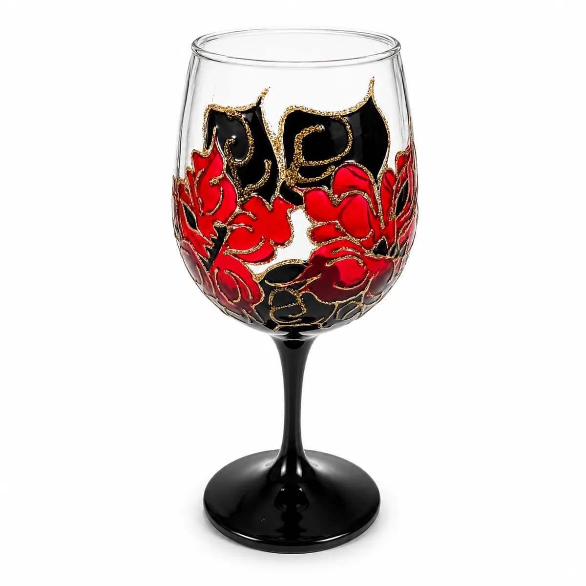 Taça Pintada Rosas Pretas e Vermelhas com Dourado