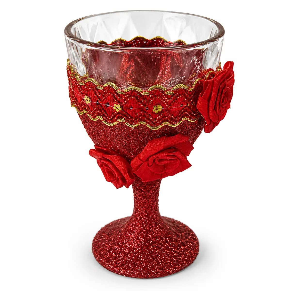 Taça Ornamentada Vermelha com Laço Vermelho e Rosas Vermelhas