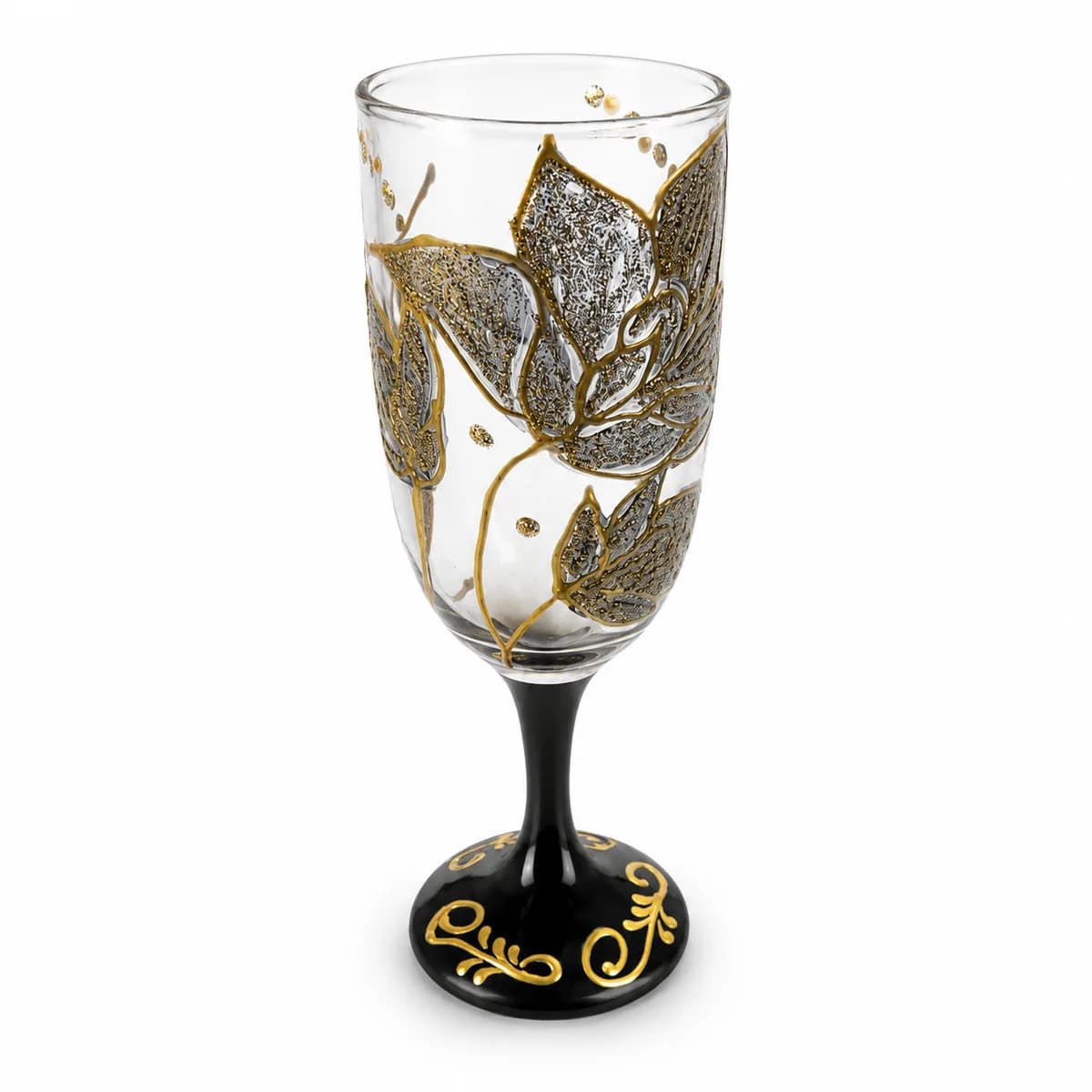 Taça Cálice Pintada Rosas Brancas e Dourado