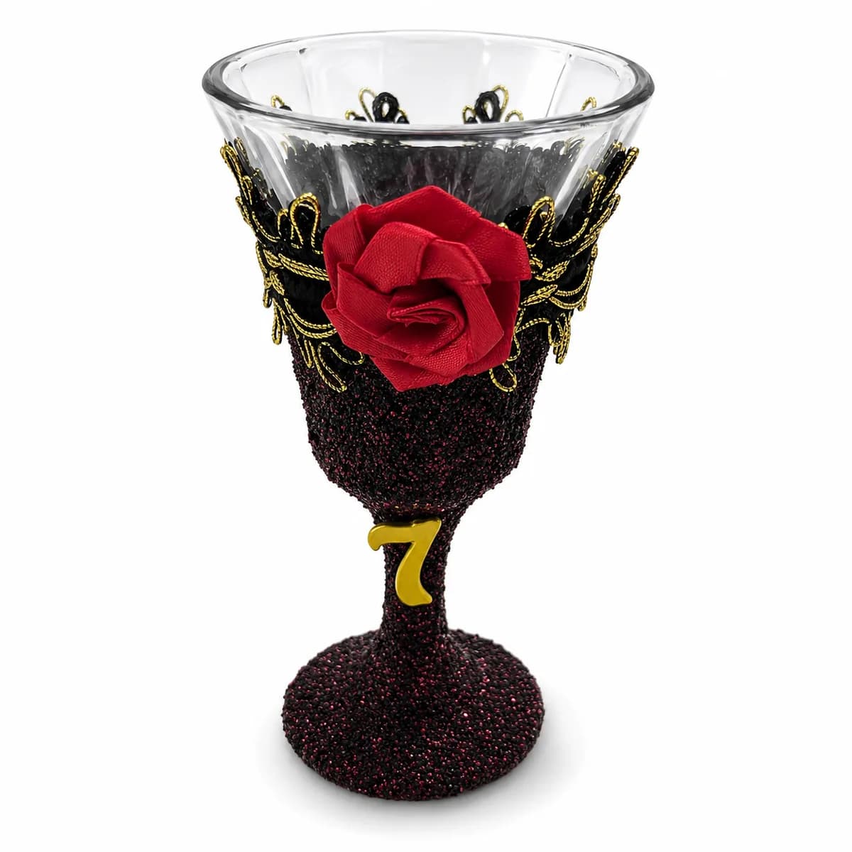 Taça Cálice Ornamentada Bordô com Fita Preta e Dourado, Rosa Vermelha e Número Sete