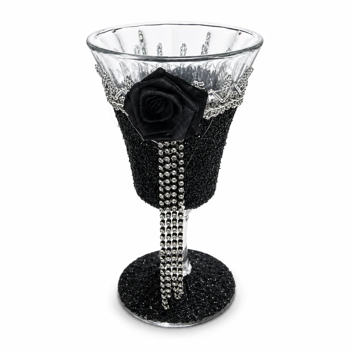 Taça Cálice Ornamentada Preta com Rosa Preta e Strass