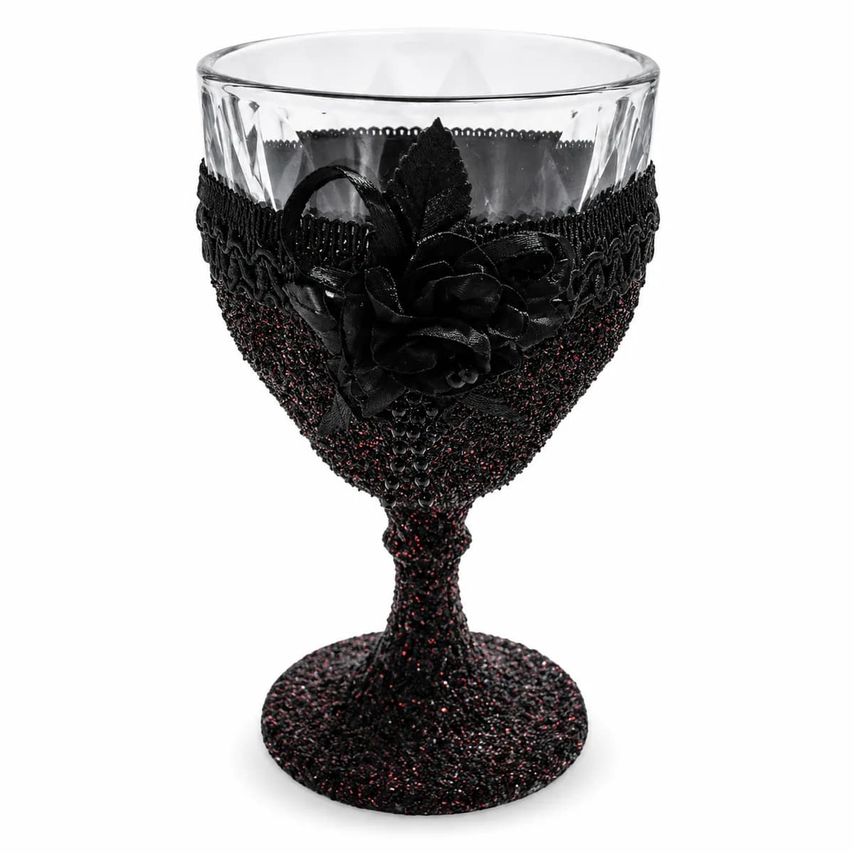 Taça Ornamentada Bordô com Laço Preto e Rosa Preta