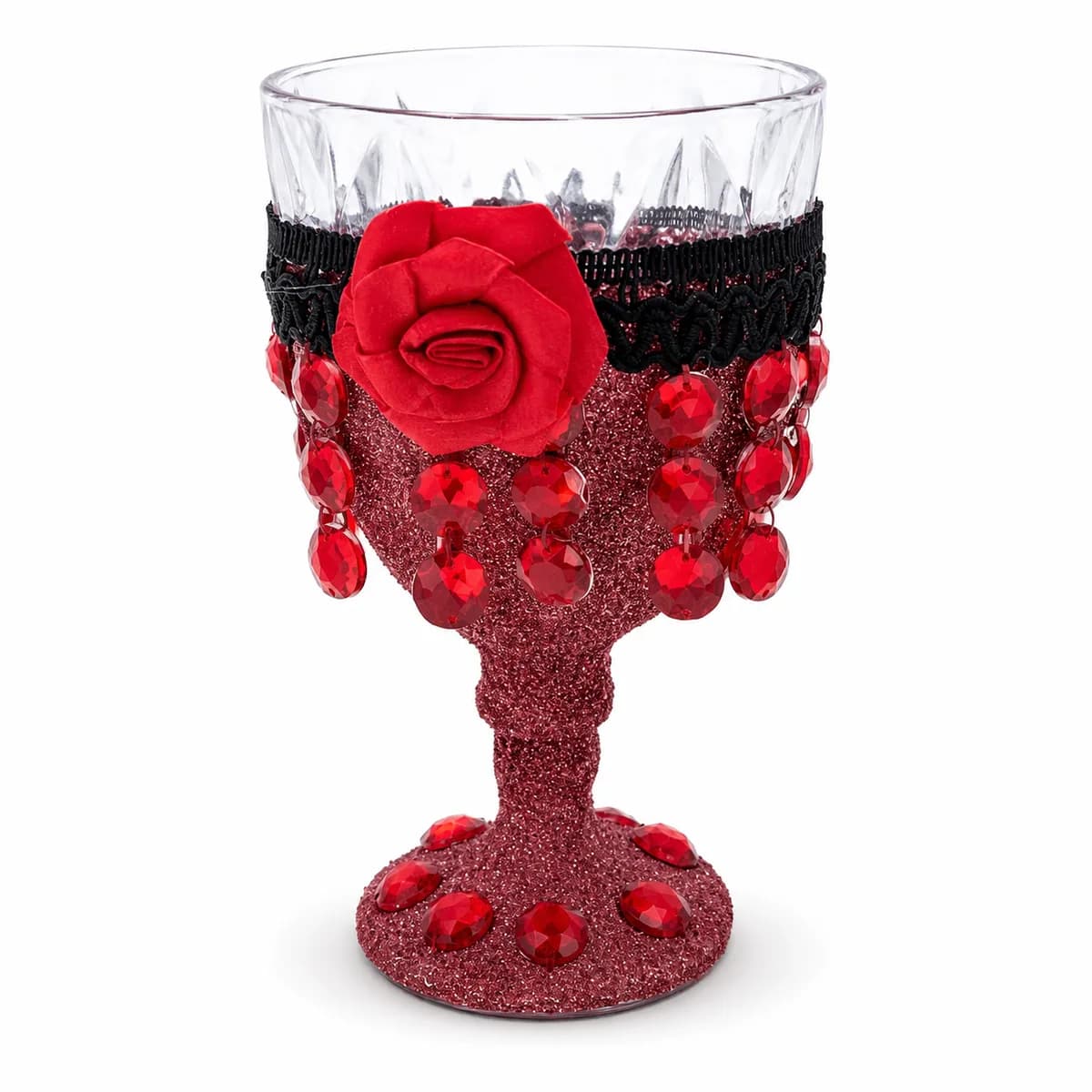 Taça Ornamentada Vermelha com Fita Preta com Pedras e Rosa Vermelhas