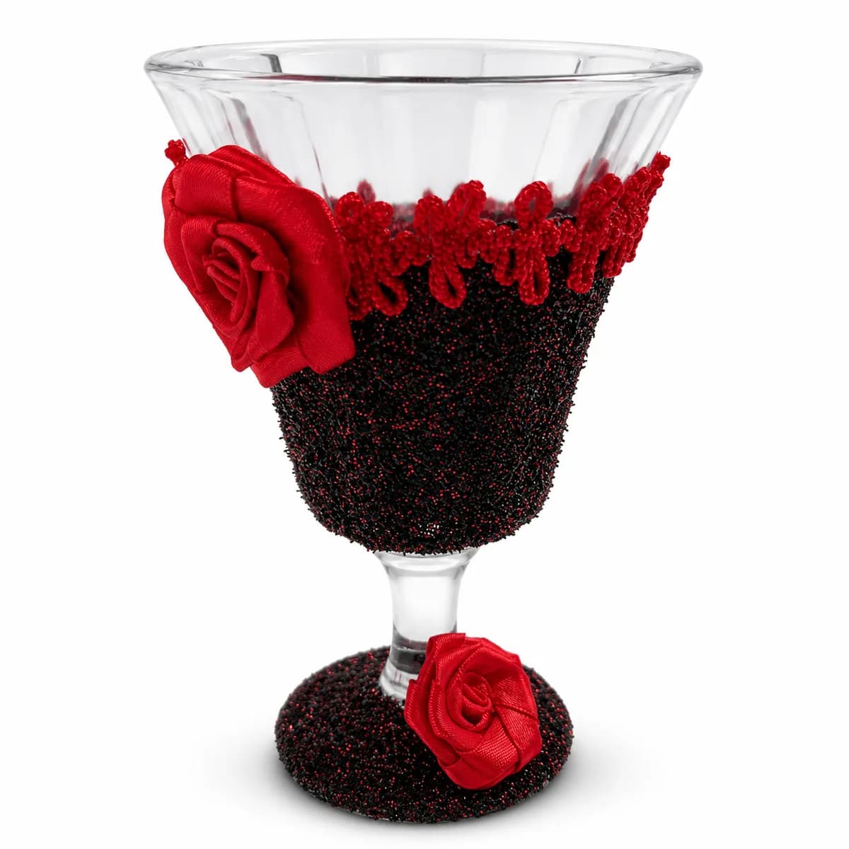 Taça Cálice Ornamentada Bordô com Fita Vermelha e Rosas Vermelhas