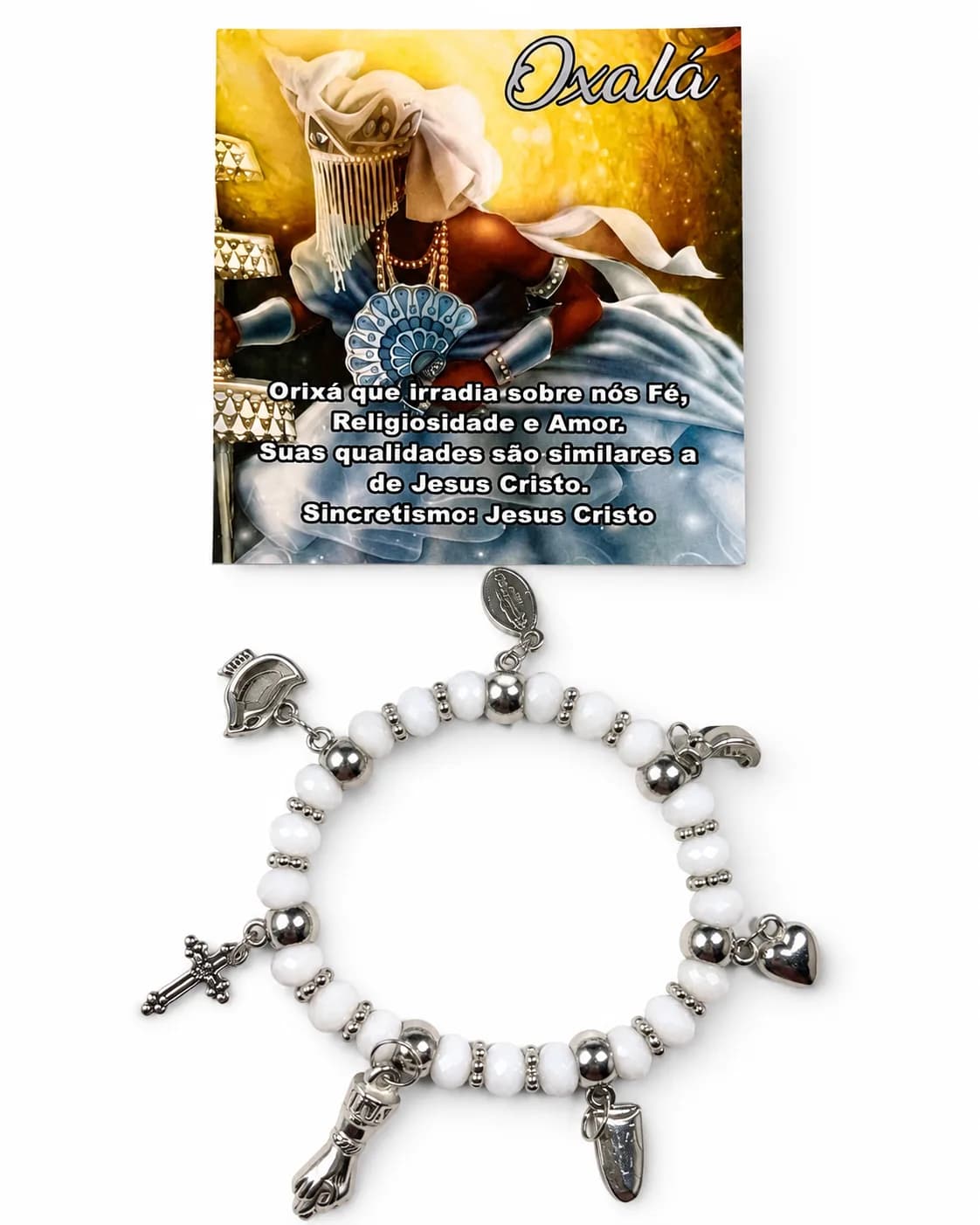 Pulseira Oxalá - Cristal branco leitoso com sete pingentes