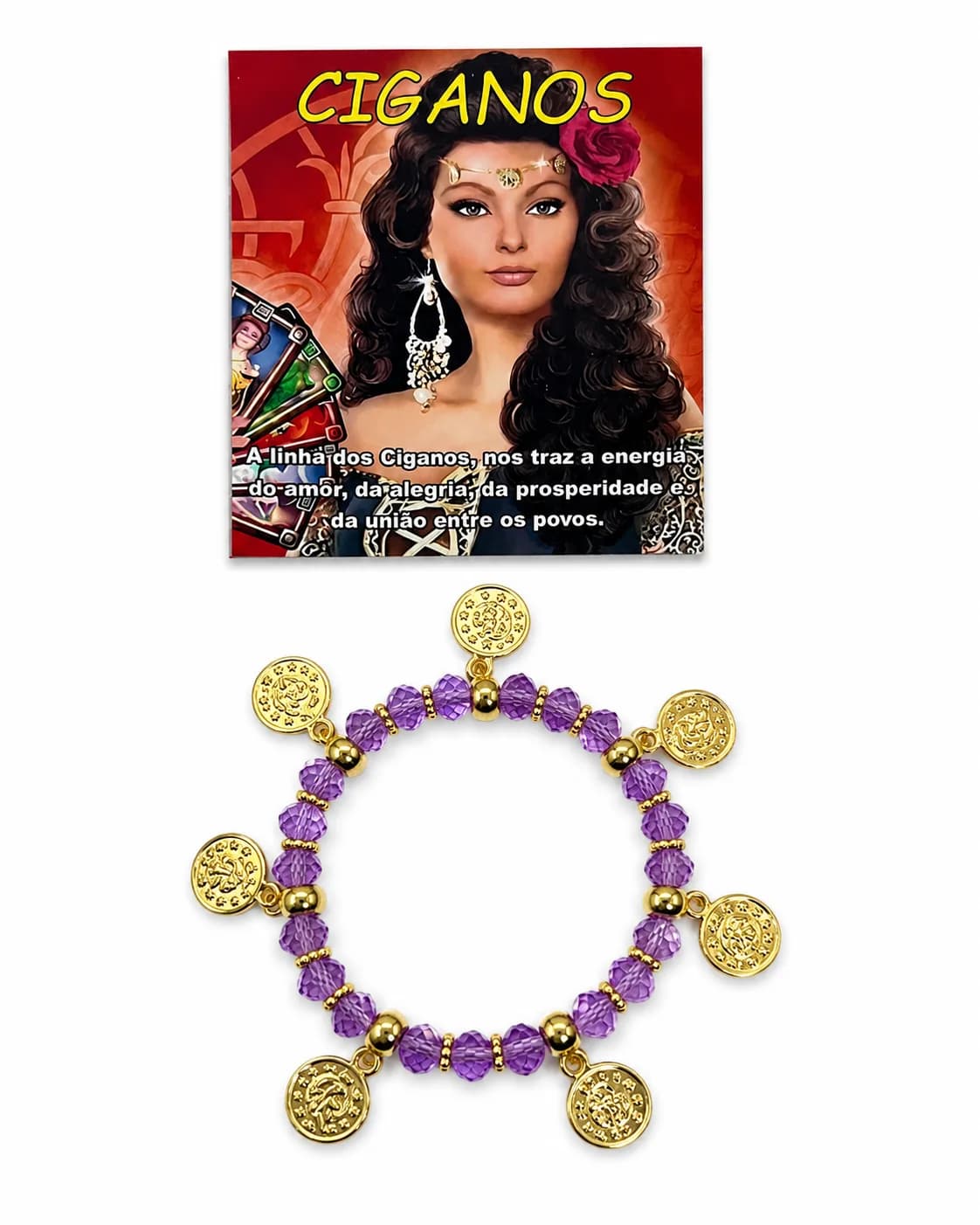 Pulseira Cigana - Cristal lilás com sete pingentes