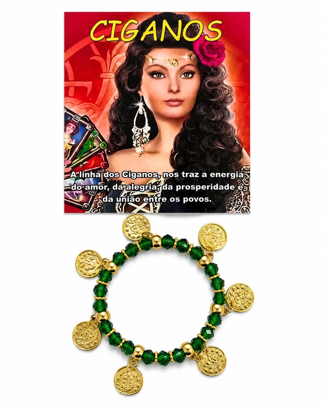 Pulseira Cigana - Cristal verde com sete pingentes