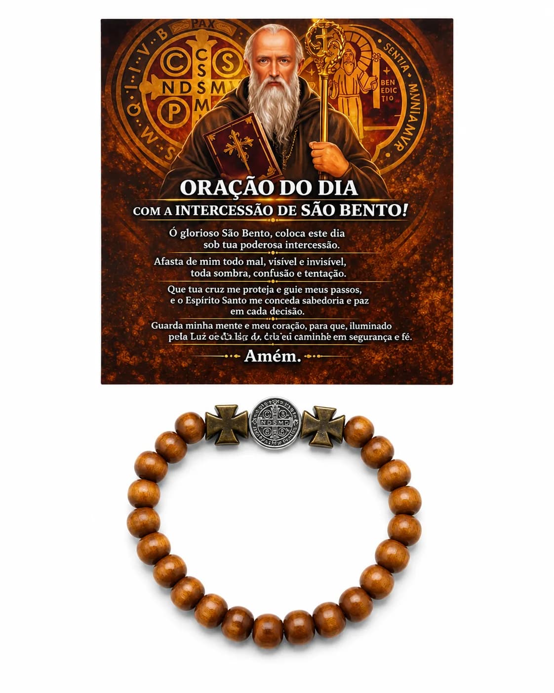 Pulseira de São Bento - Madeira com cruz e pingente