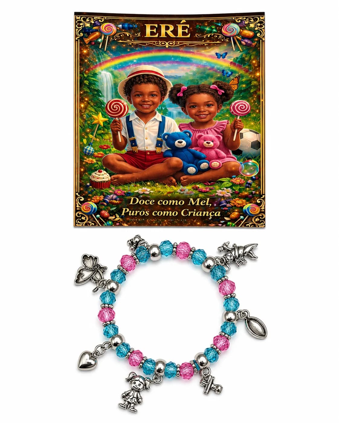 Pulseira Erê - Cristal azul e rosa translucidos com sete pingentes