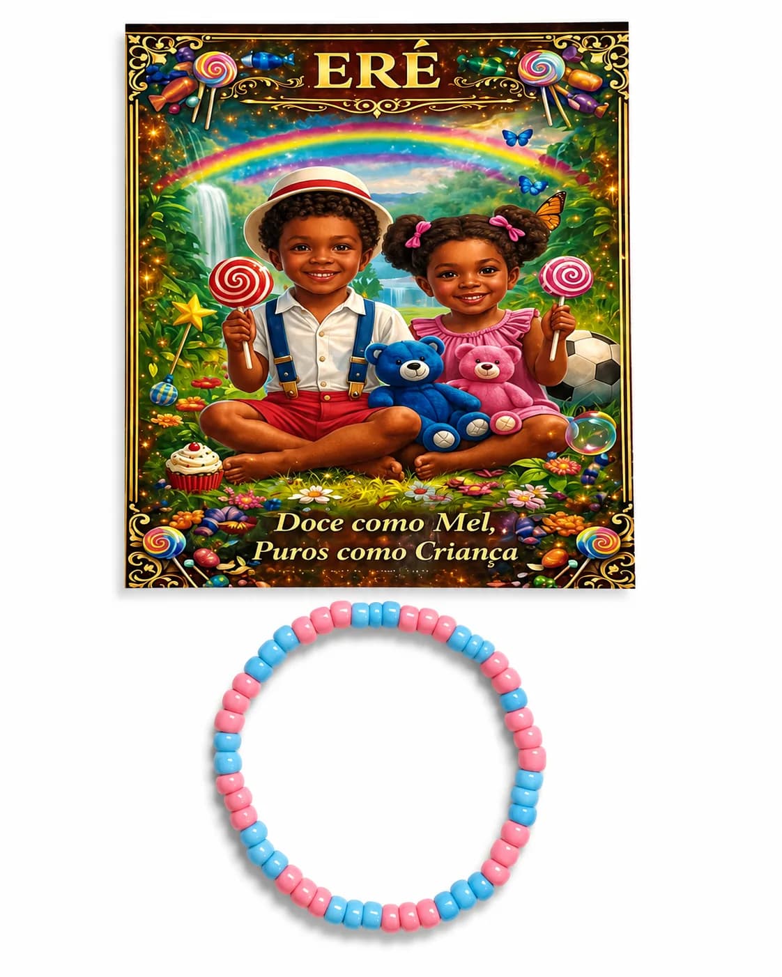 Pulseira Erê - Missanga leitosa azul bb e rosa