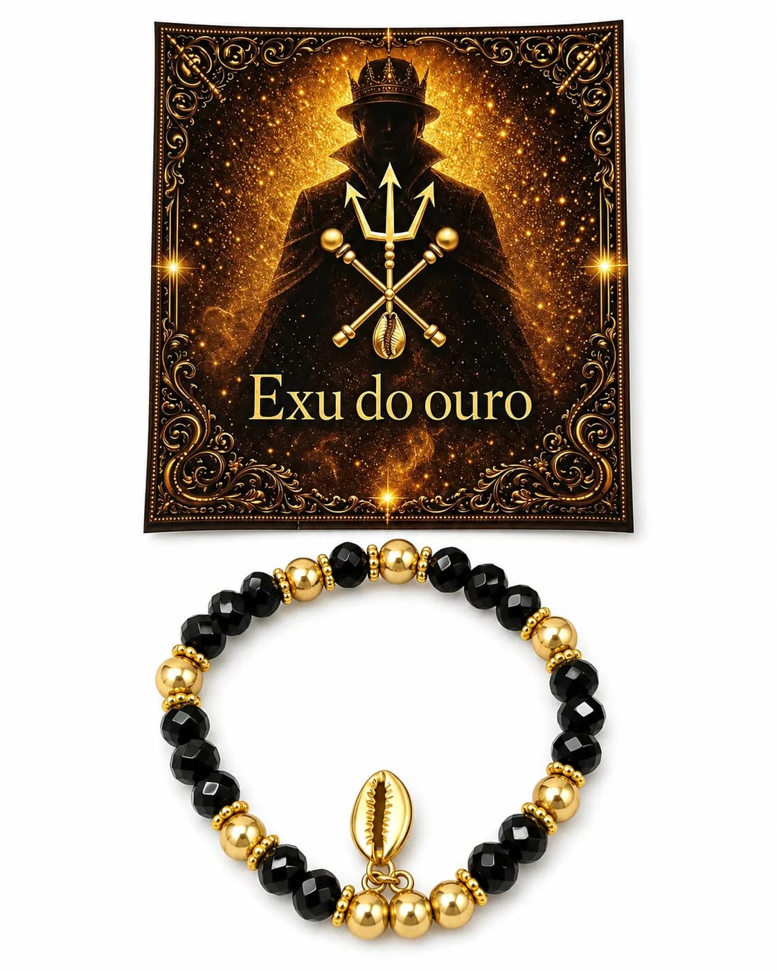 Pulseira Exu do Ouro - Cristal preto e perola dourada com pingente