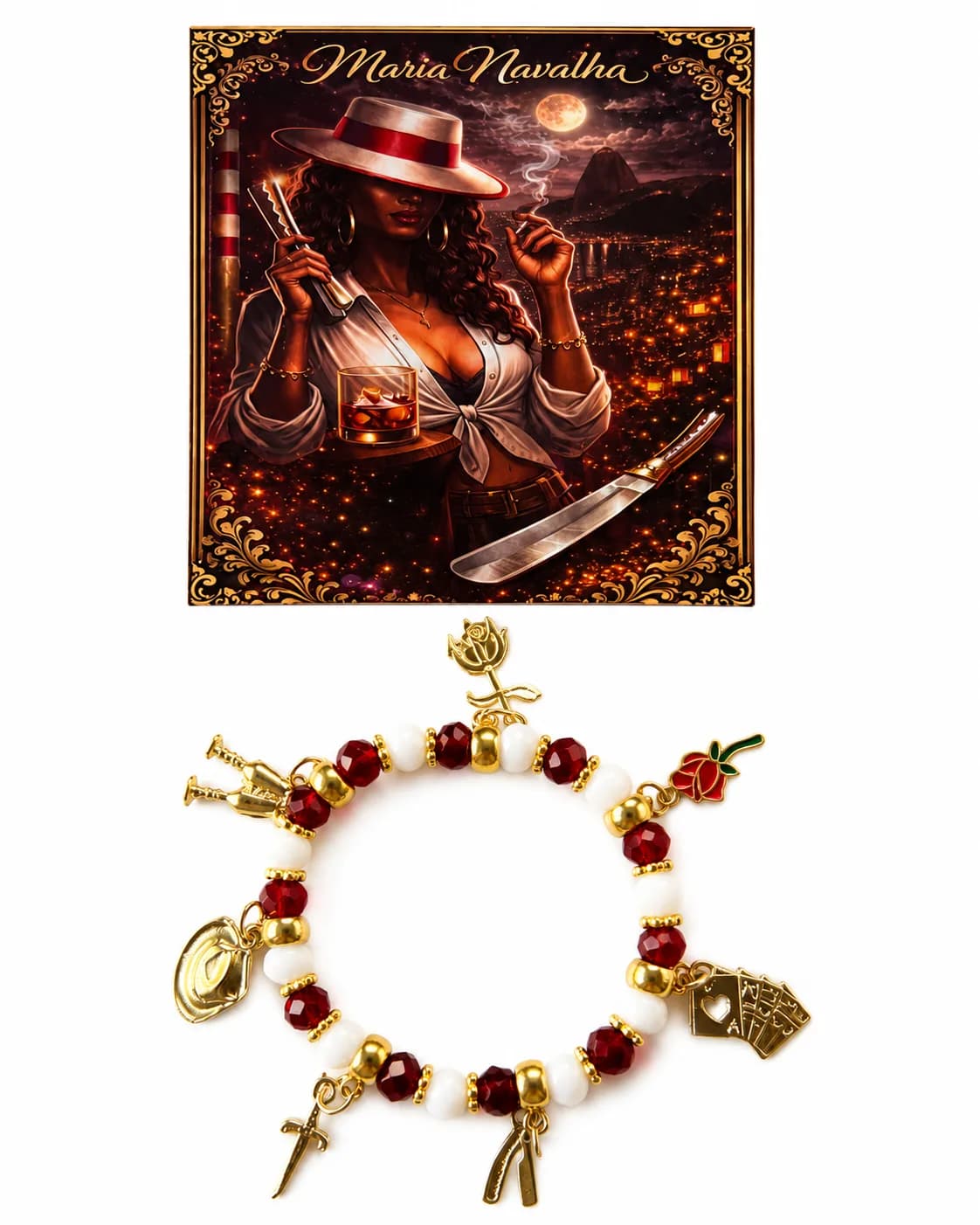 Pulseira Maria Navalha - Cristal vermelho sangue e branco leitoso com sete pingentes