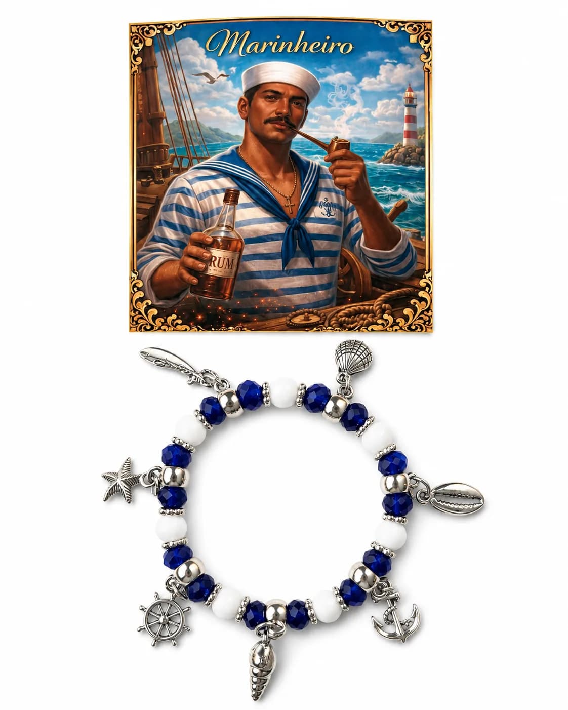 Pulseira Marinheiro - Cristal azul e branco leitoso com sete pingentes