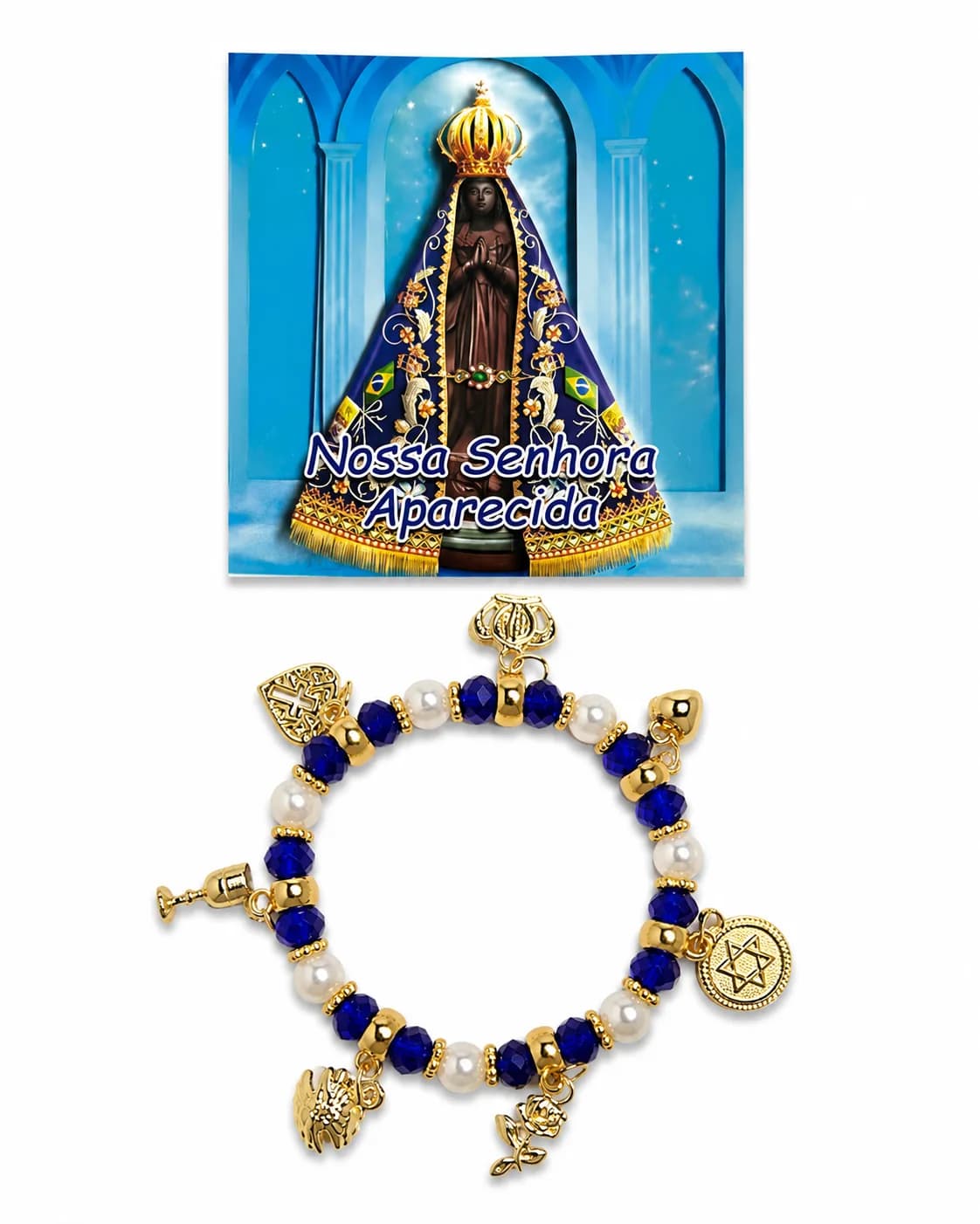 Pulseira Nossa Senhora Aparecida - Cristal azul e perolado com sete pingentes