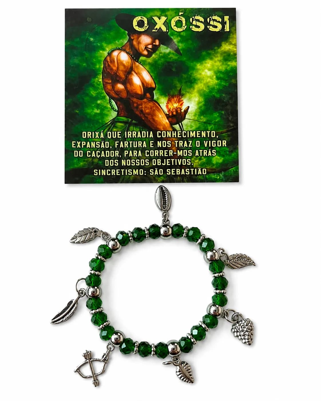 Pulseira de Oxóssi - Cristal verde com sete pingentes