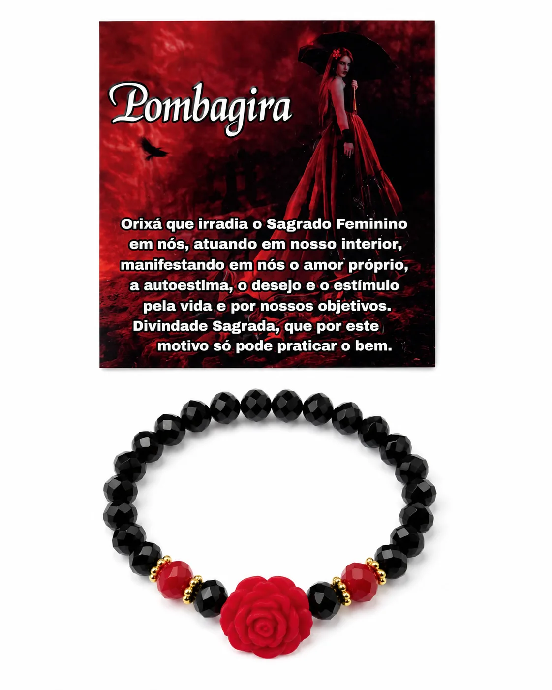 Pulseira Pomba Gira - Cristal preto e vermelho com rosa de veludo
