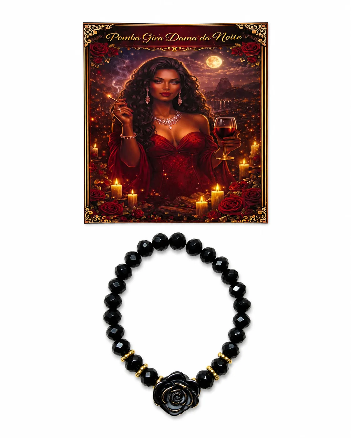 Pulseira Pomba Gira Dama da Noite - Cristal preto com rosa preta e dourado