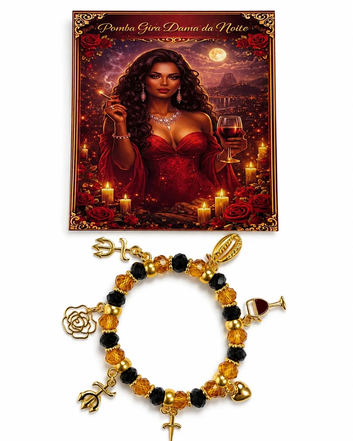 Pulseira Pomba Gira Dama da Noite - Cristal preto e amarelo translúcido com sete pingentes