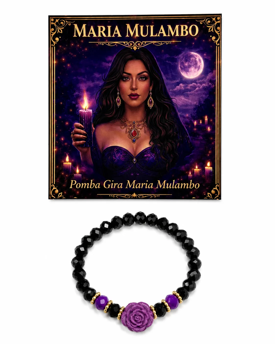 Pulseira Pomba Gira Maria Mulambo - Cristal preto e roxo com rosa roxa