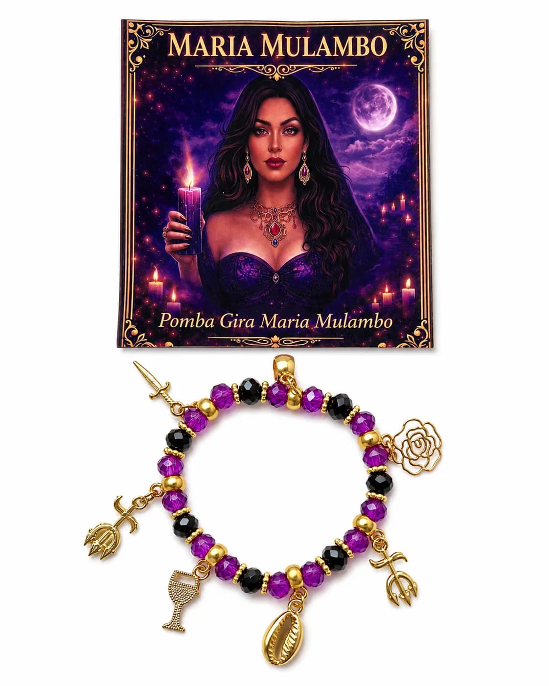 Pulseira Pomba Gira Maria Mulambo - Cristal preto e roxo translucido com sete pingentes