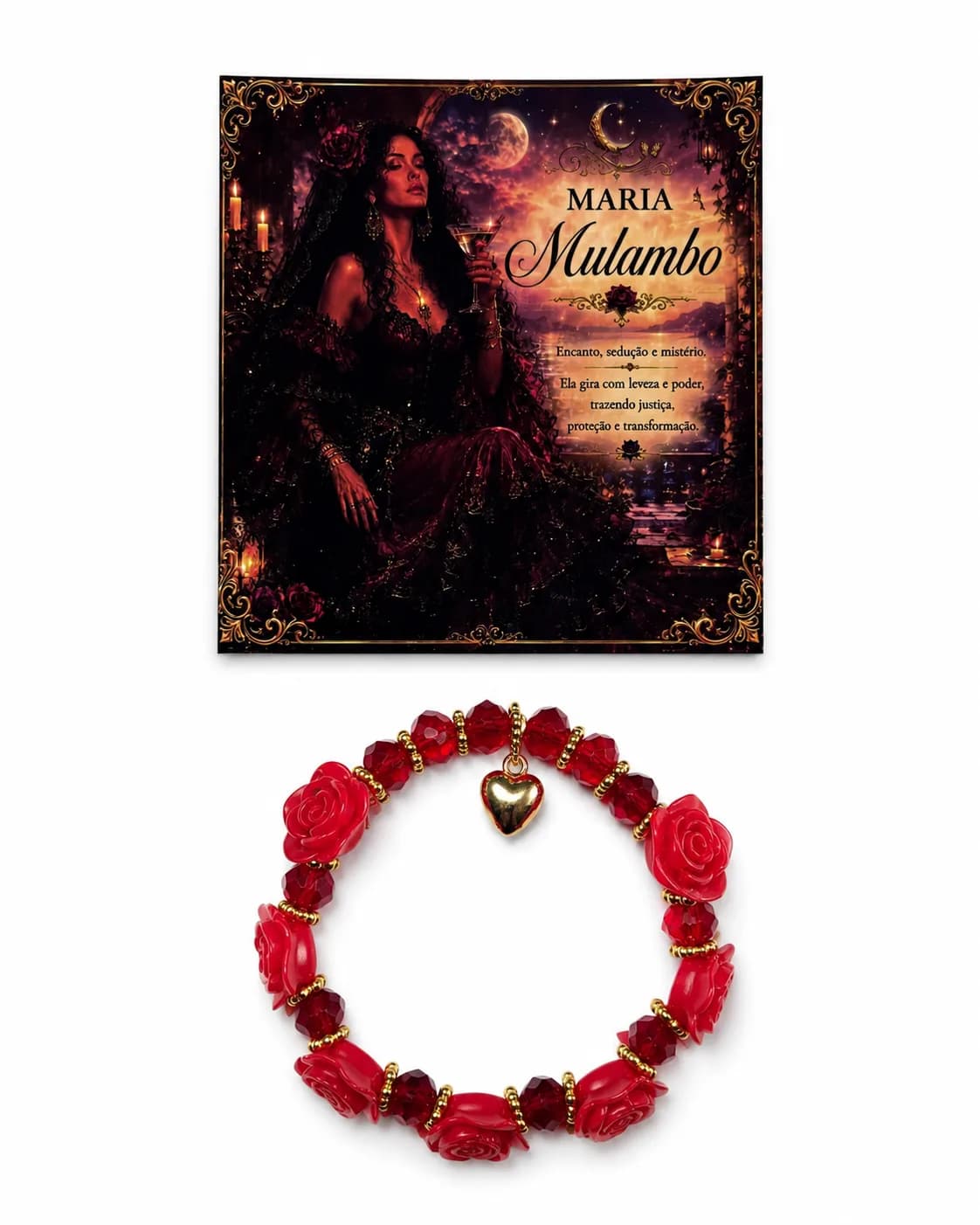 Pulseira Pomba Gira Maria Mulambo - Cristal vermelho com sete rosas vermelhas
