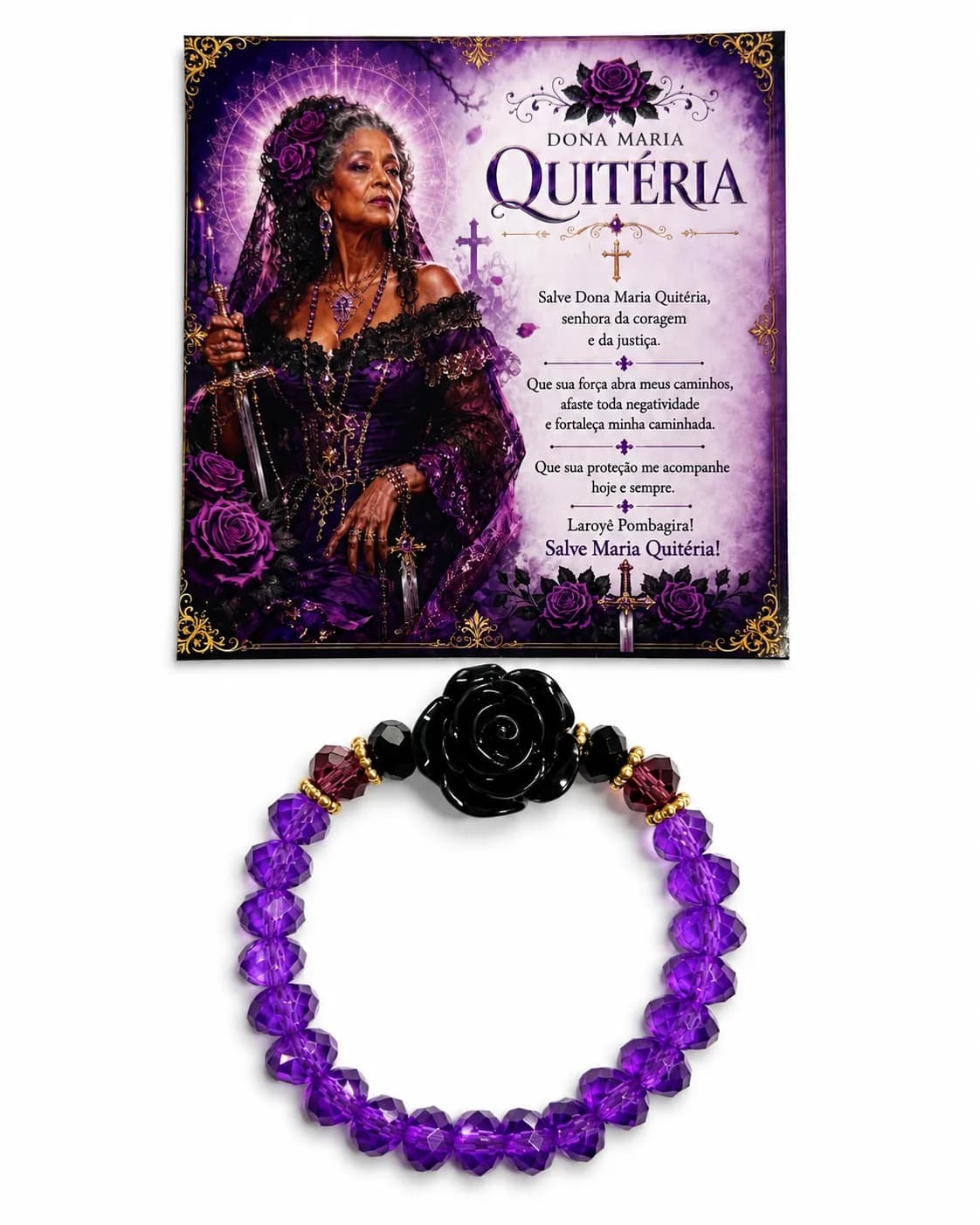 Pulseira Pomba Gira Maria Quitéria - Cristal roxo e preto com rosa preta e dourado