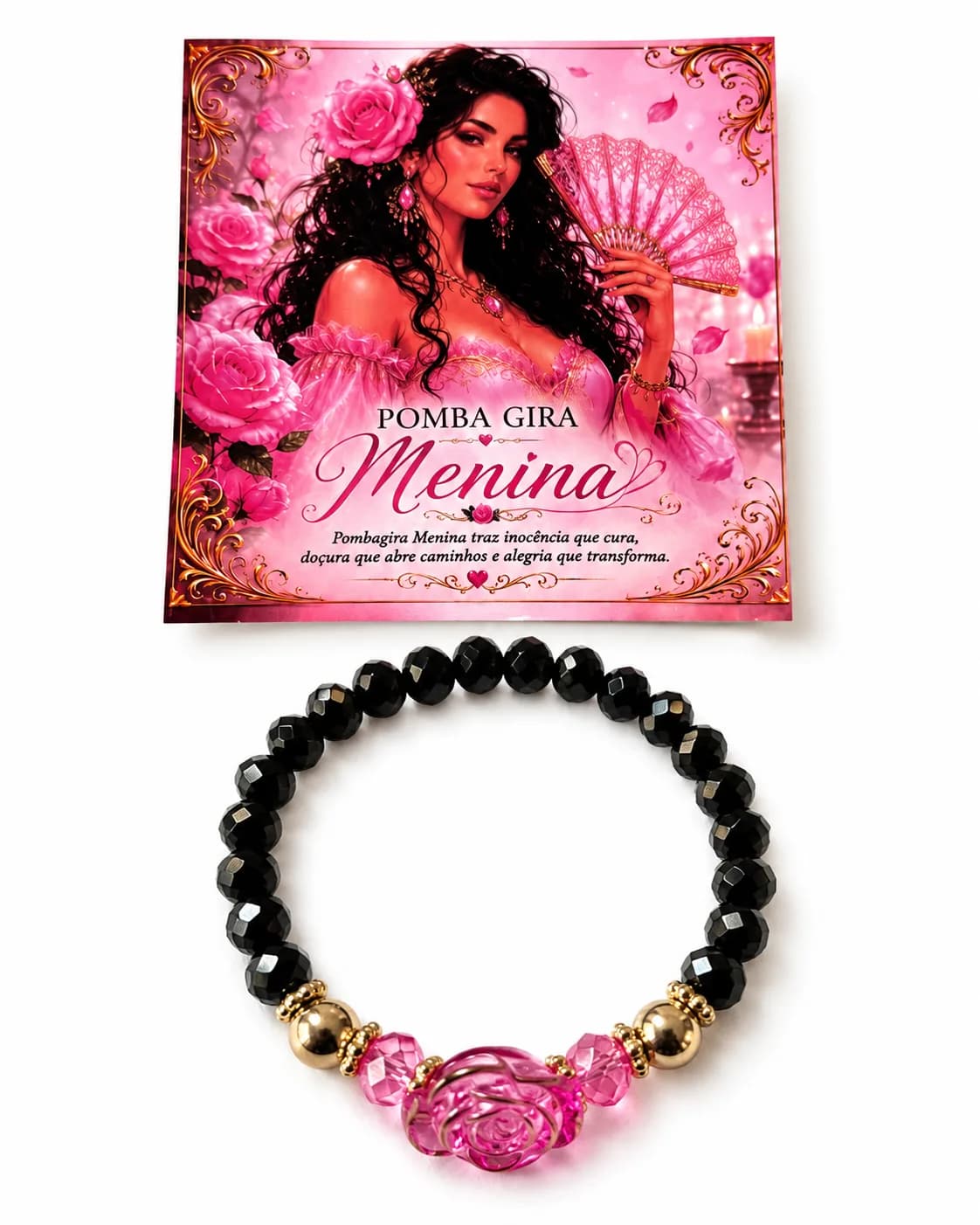 Pulseira Pomba Gira Menina - Cristal preto e dourado com rosa translúcida rosa