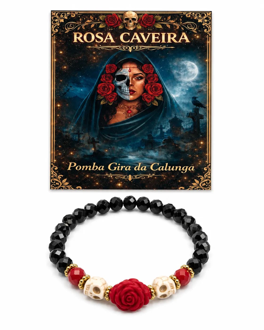 Pulseira Pomba Gira Rosa Caveira - Cristal preto e vermelho com caveira e rosa de veludo