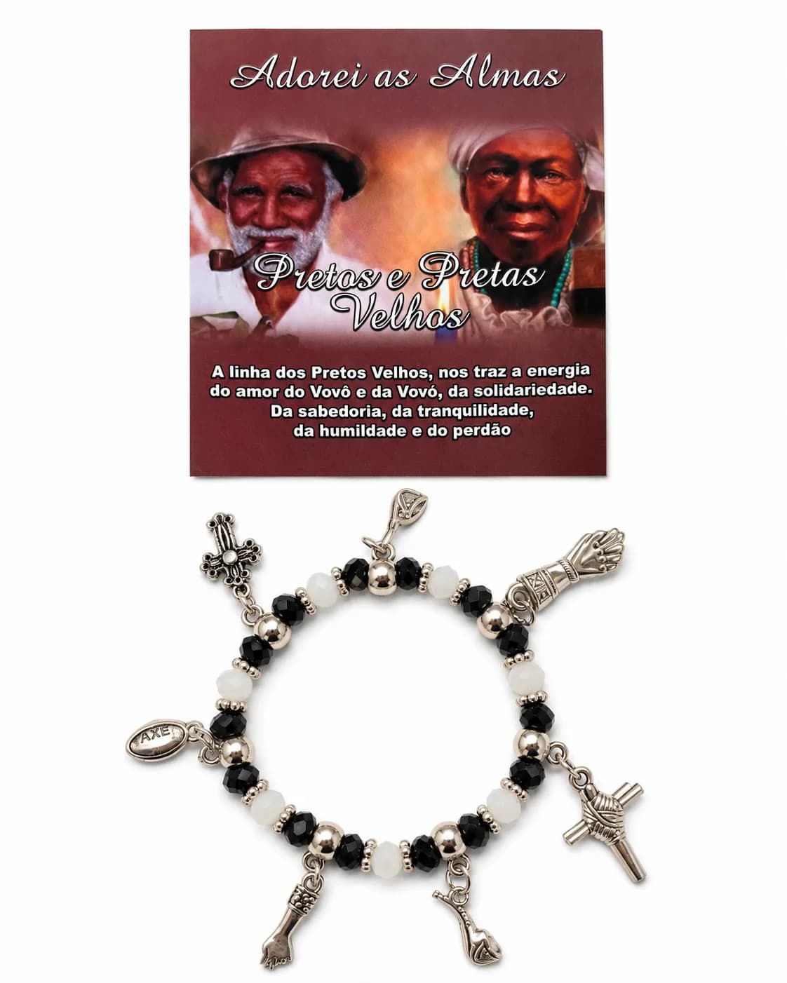 Pulseira Pretos e Pretas Velhas - Cristal preto e branco leitoso com sete pingentes