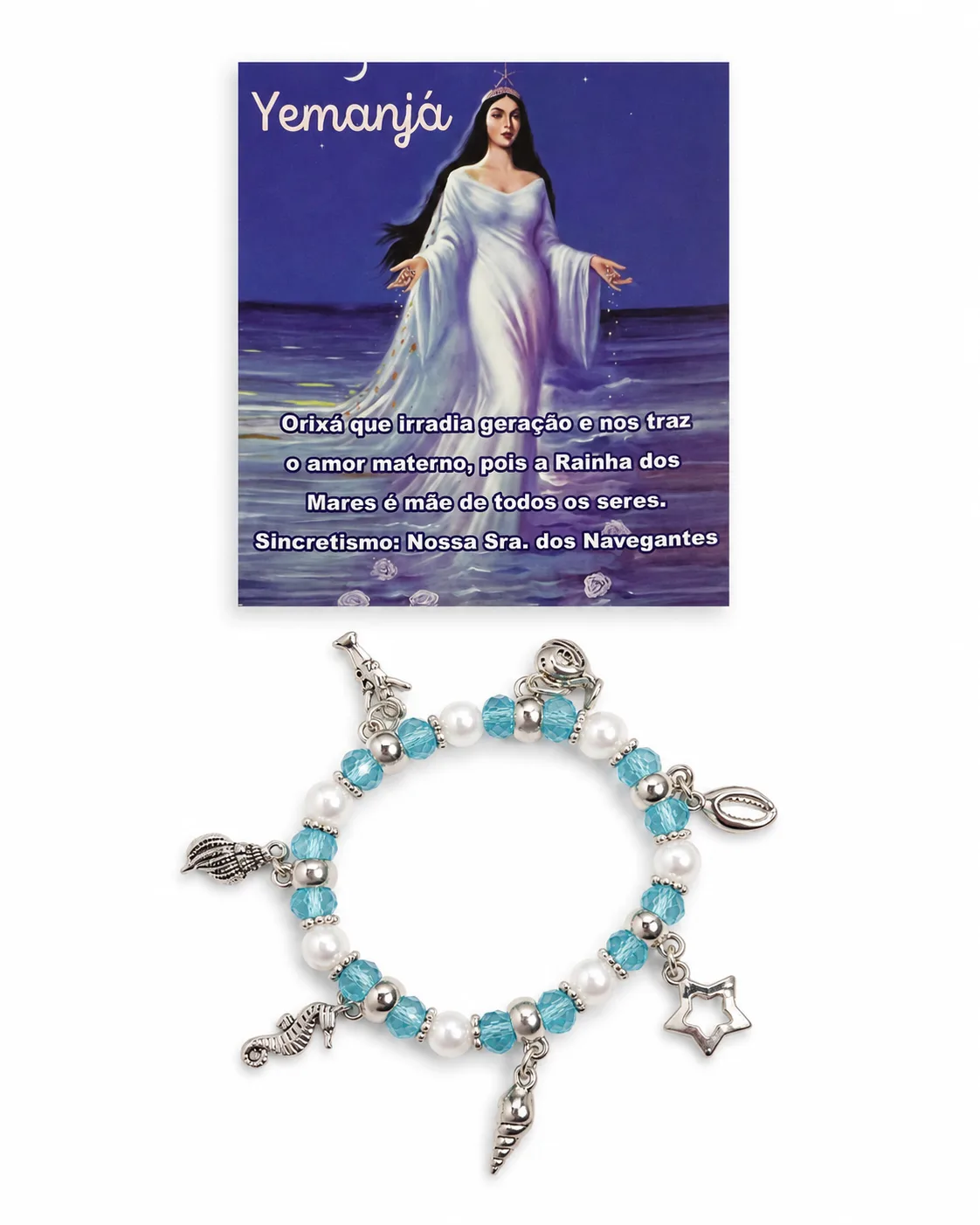 Pulseira Orixá Iemanjá - Cristal azul e branca perolada com sete pingentes