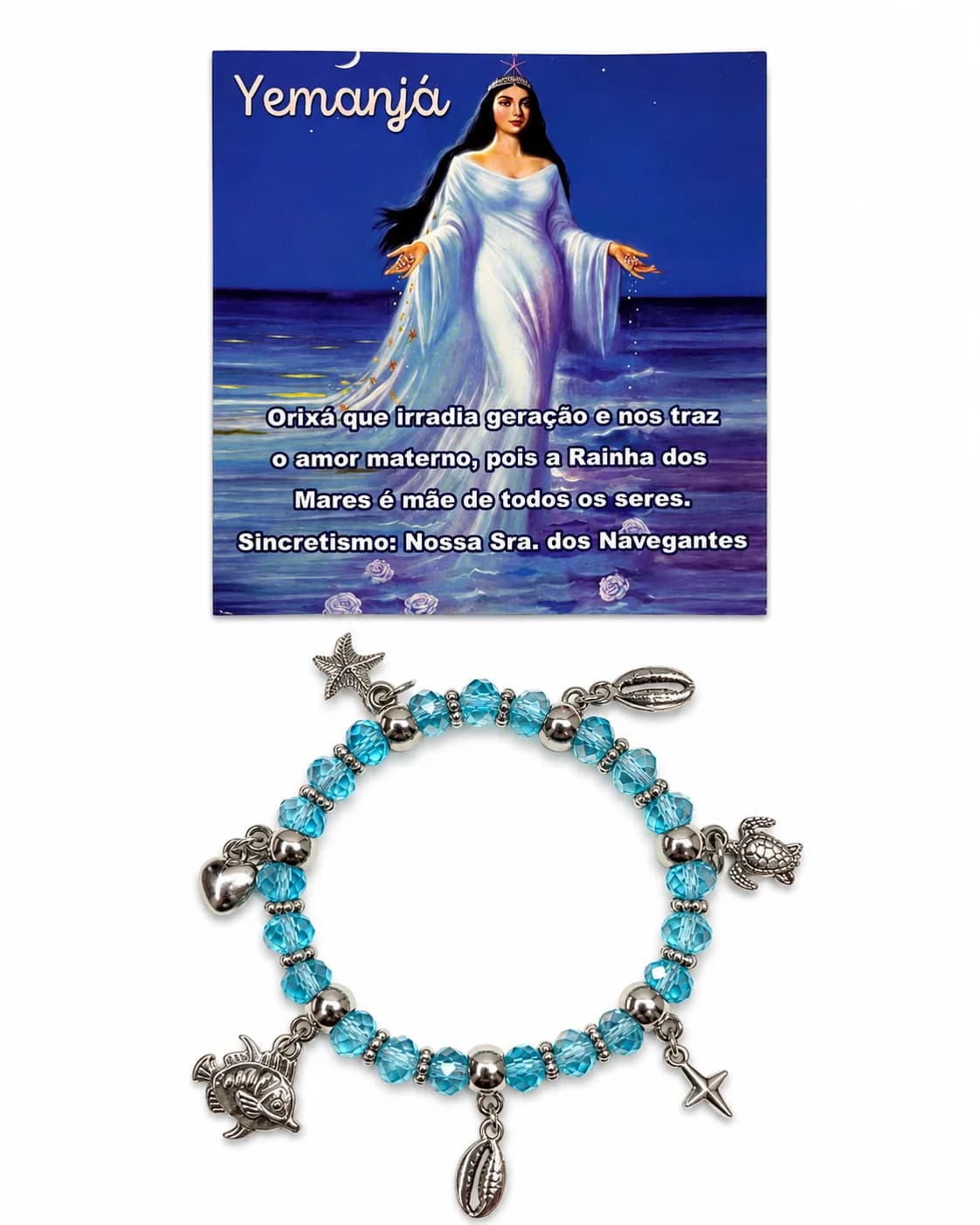 Pulseira Orixá Iemanjá - Cristal azul translucido com sete pingentes