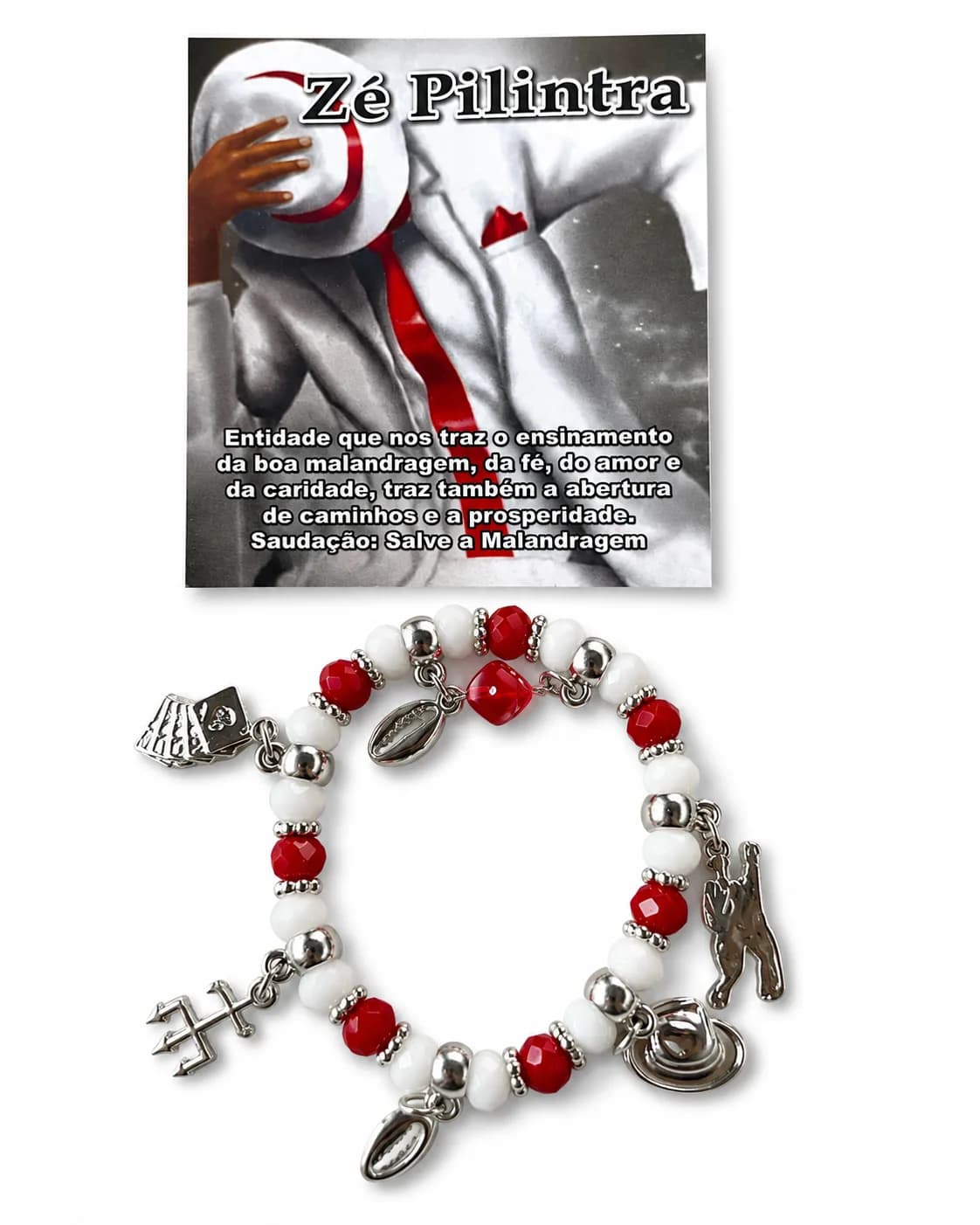 Pulseira Zé Pilintra - Cristal vermelho e branco leitoso com sete pingentes