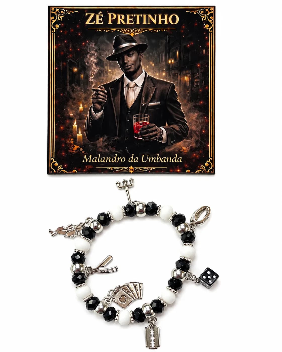 Pulseira Zé Pretinho - Cristal preto e branco leitoso com sete pingentes